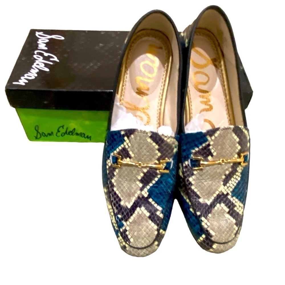 Sam Edelman Loraine teal blue snakeskin print leather slip on loafers size 7.5